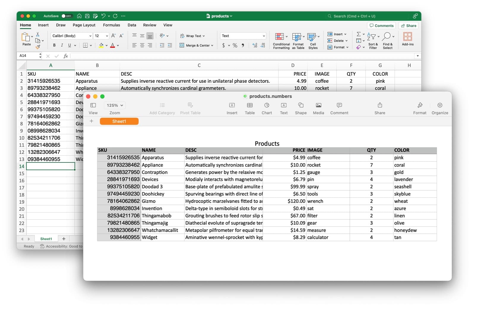 product spreadsheets