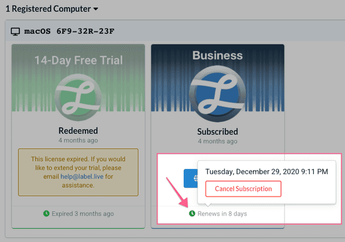 A screenshot showing you how to cancel your subscription in Label LIVE